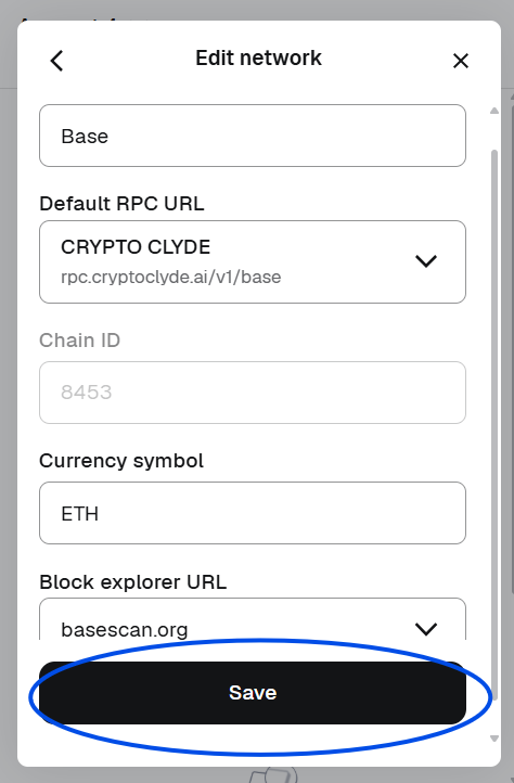 The new RPC entry selected in the dropdown